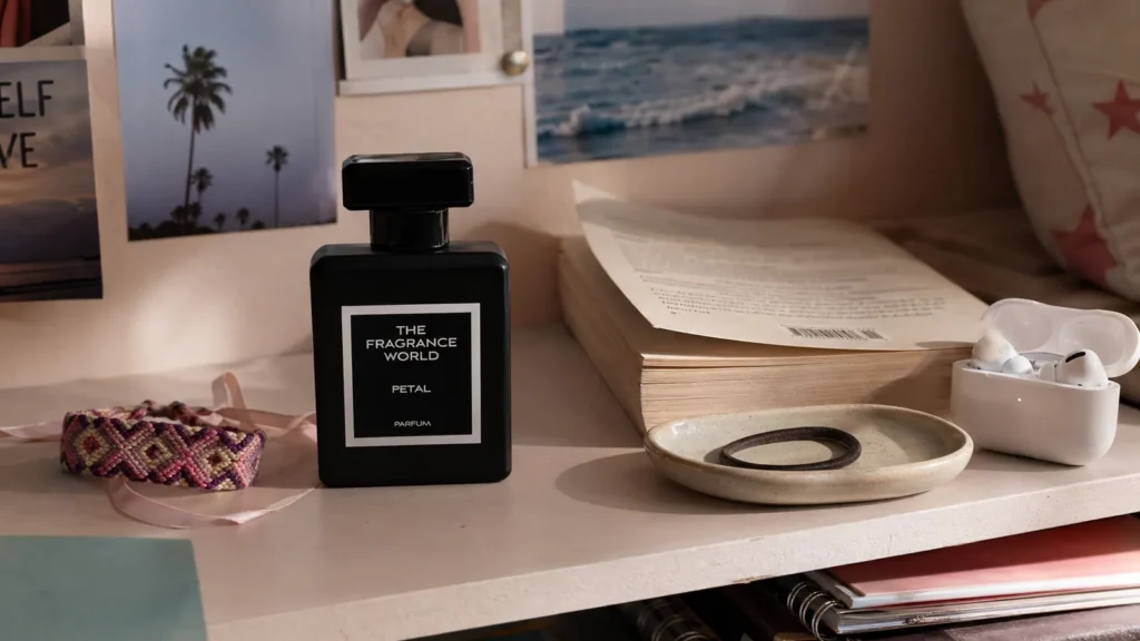 TFW Petal bottle on a teenage bedroom shelf with friendship bracelet, paperback and AirPods