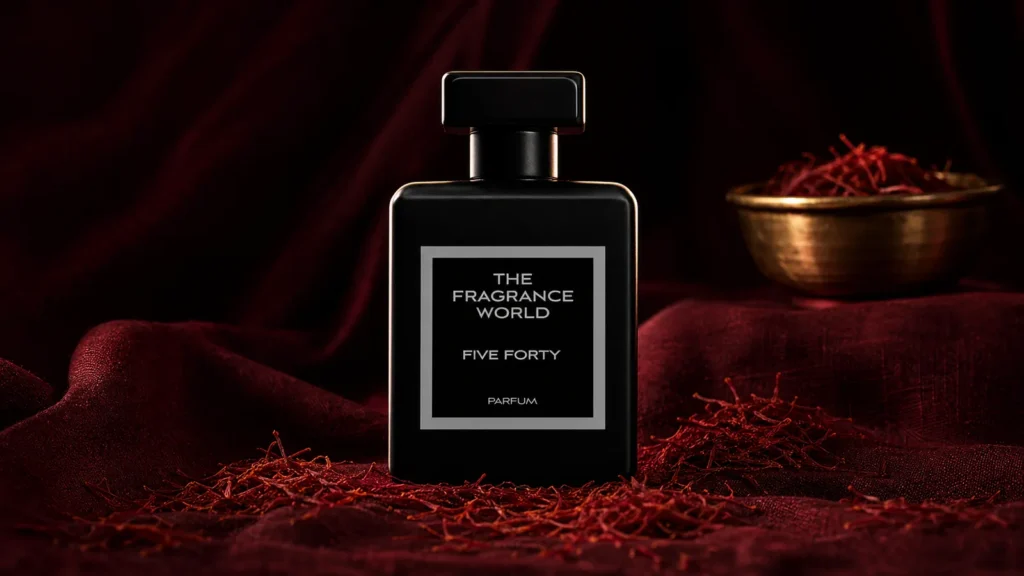 TFW Five Forty bottle on burgundy linen with scattered saffron threads