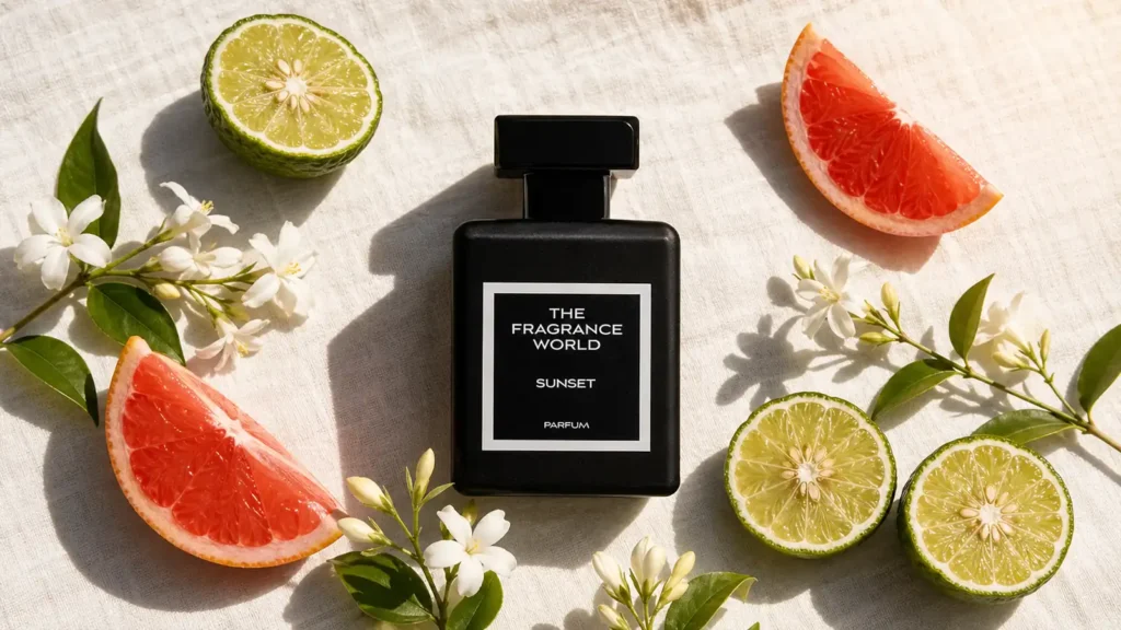TFW Sunset bottle on sun-bleached linen with bergamot, pink grapefruit and jasmine