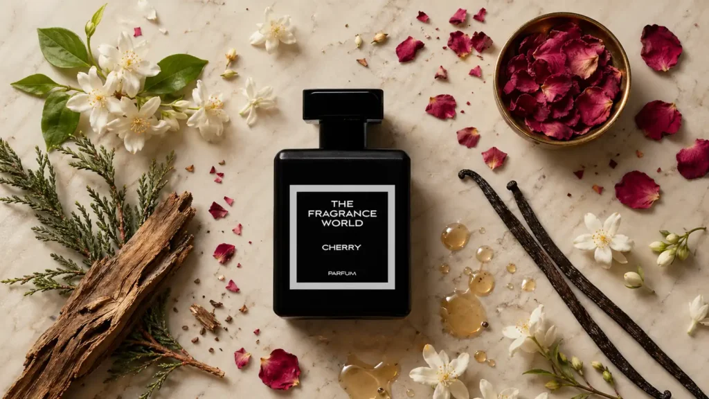 TFW Cherry bottle on cream marble with jasmine, cedar, vanilla pods and rose petals