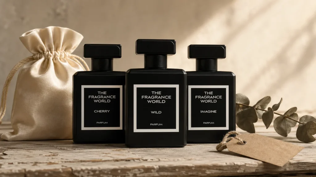 TFW Cherry, Wild and Imagine bottles on weathered wood with TFW satin pouch and eucalyptus