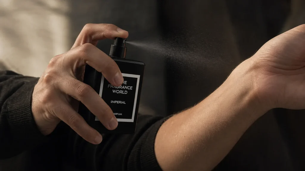 Hand spraying TFW Imperial onto a forearm wrist, perfume mist mid-air
