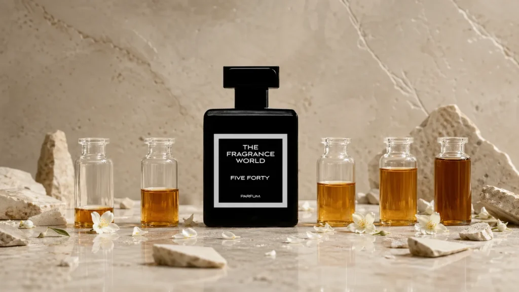 Five concentration vials beside a TFW Five Forty bottle, illustrating perfume concentration levels from Eau Fraiche to Parfum