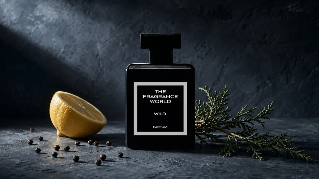 TFW Wild bottle on blue-grey stone with halved citrus, peppercorns and cedar