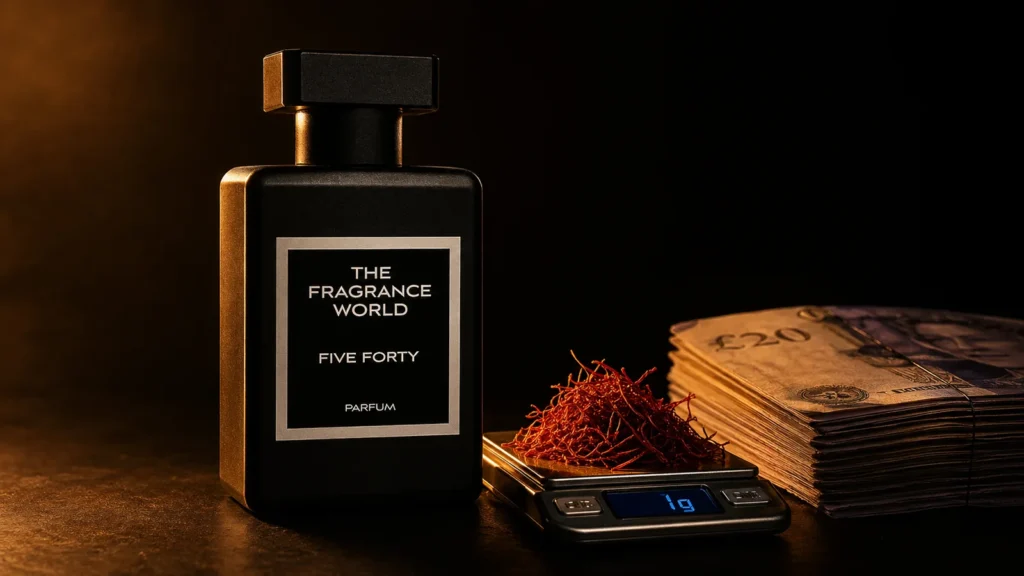 TFW Five Forty bottle beside saffron threads on a digital scale and a stack of UK twenty pound notes