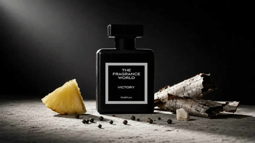 TFW Victory bottle on pale grey stone with pineapple chunk, birch bark and peppercorns