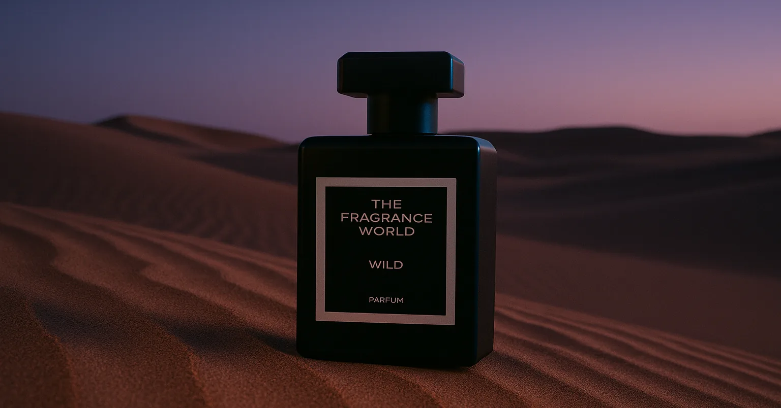 The Fragrance World Wild — inspired by Dior Sauvage — on a desert dune at blue hour dusk