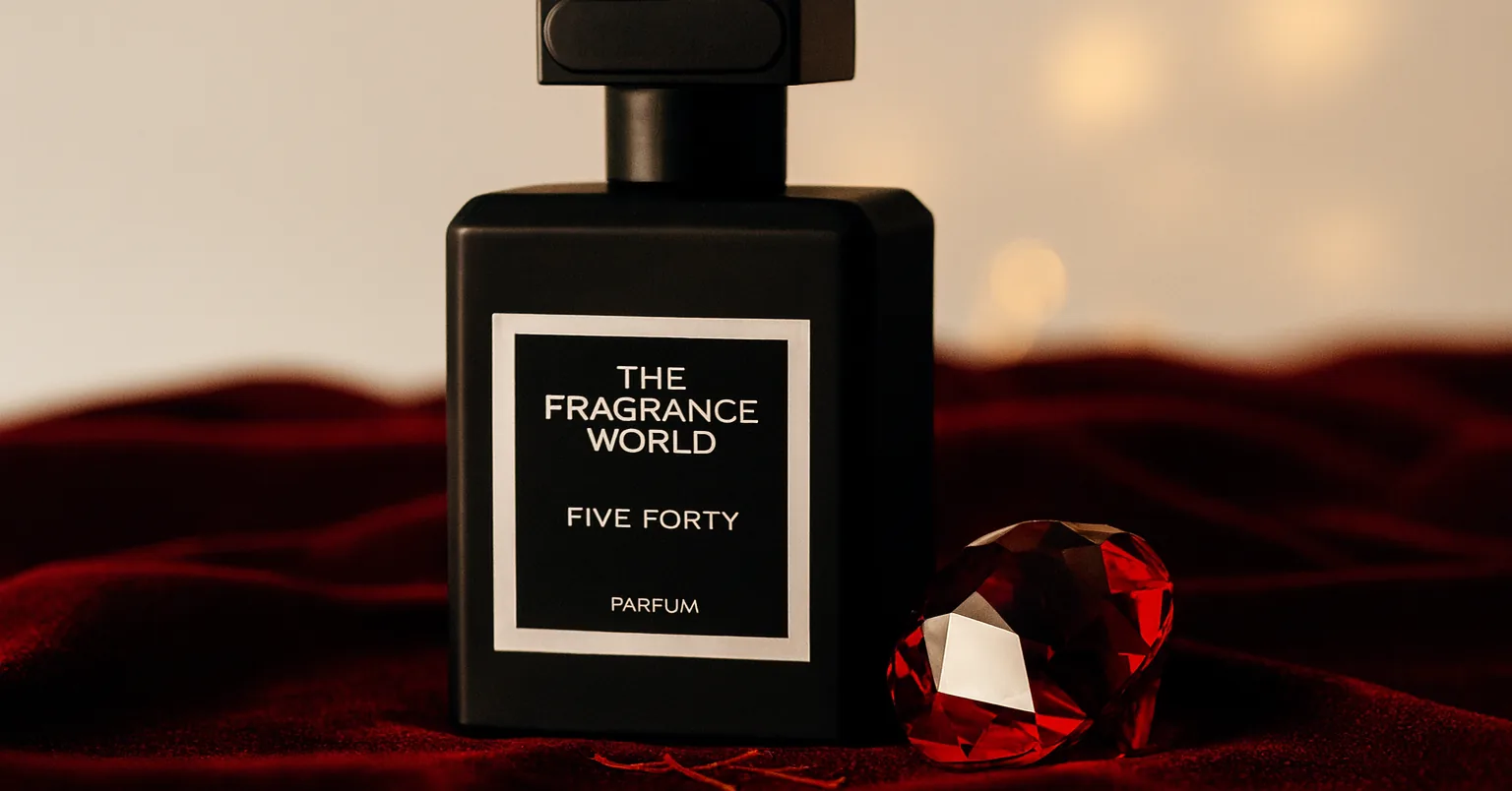 The Fragrance World Five Forty — inspired by MFK Baccarat Rouge 540 — on oxblood velvet with ruby crystal and saffron