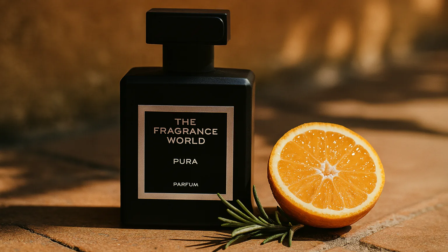 The Fragrance World Pura — inspired by Xerjoff Erba Pura — on terracotta with Sicilian orange and rosemary