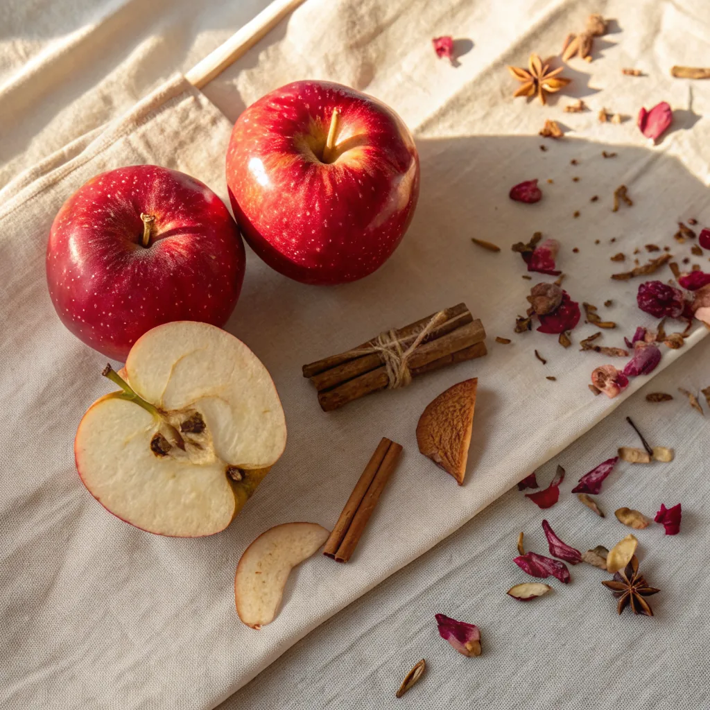 Hugo Boss Bottled notes pyramid — apples, cinnamon sticks, geranium petals on parchment linen