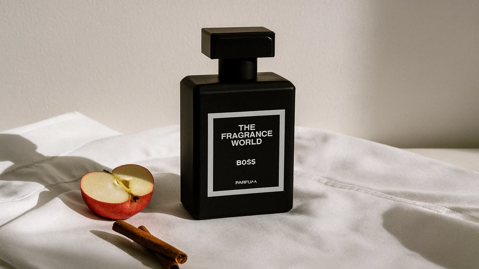The Fragrance World Boss — inspired by Hugo Boss Bottled — on white cotton with apple and cinnamon