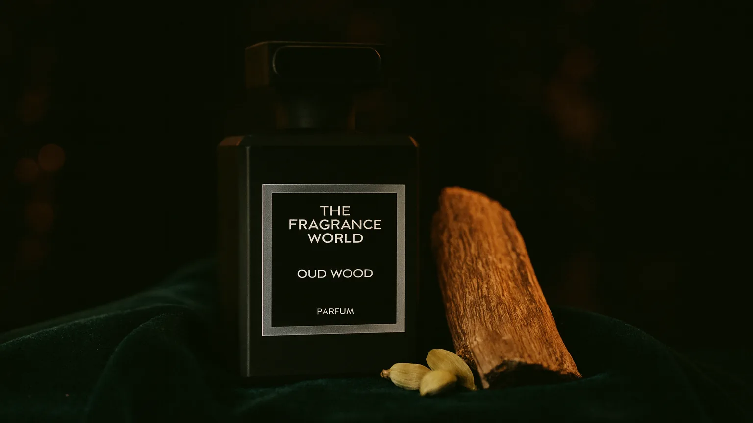 The Fragrance World Oud Wood — inspired by Tom Ford Oud Wood — on dark green velvet with rosewood and cardamom