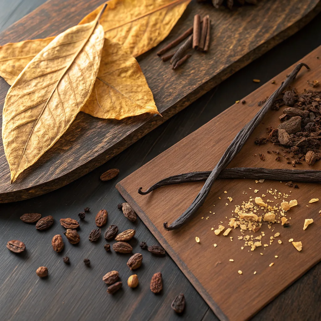 Tobacco Vanille notes pyramid — dried tobacco leaves, vanilla pod, cocoa nibs on dark walnut