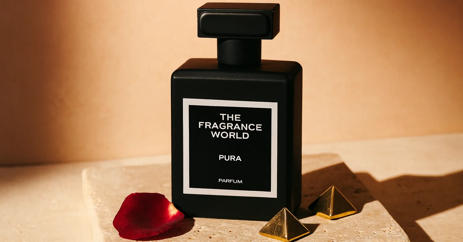 The Fragrance World Pura — inspired by Xerjoff Erba Pura — on travertine with brass studs and rose petal