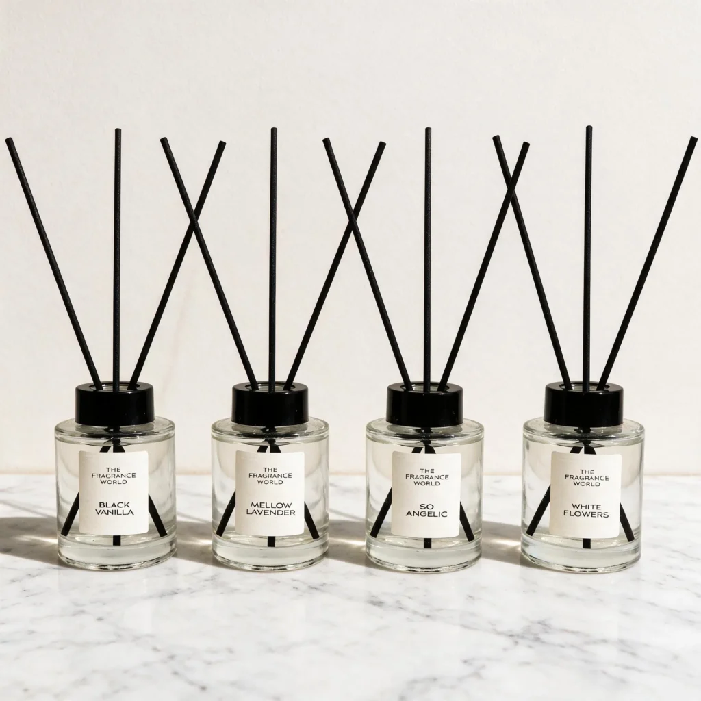 All four The Fragrance World reed diffusers in a row on white marble: Black Vanilla, Mellow Lavender, So Angelic and White Flowers